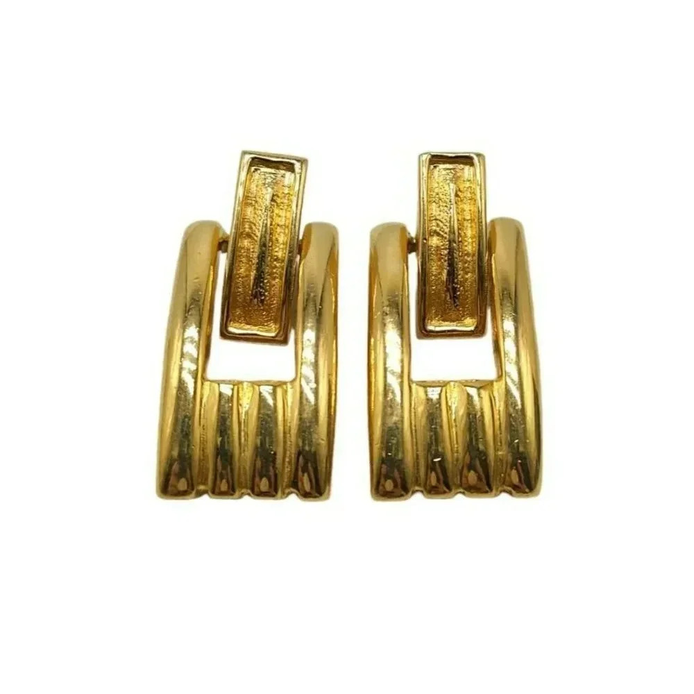 Square Doorknocker Studs Earrings Hoop Closure Gold Tone Vintage